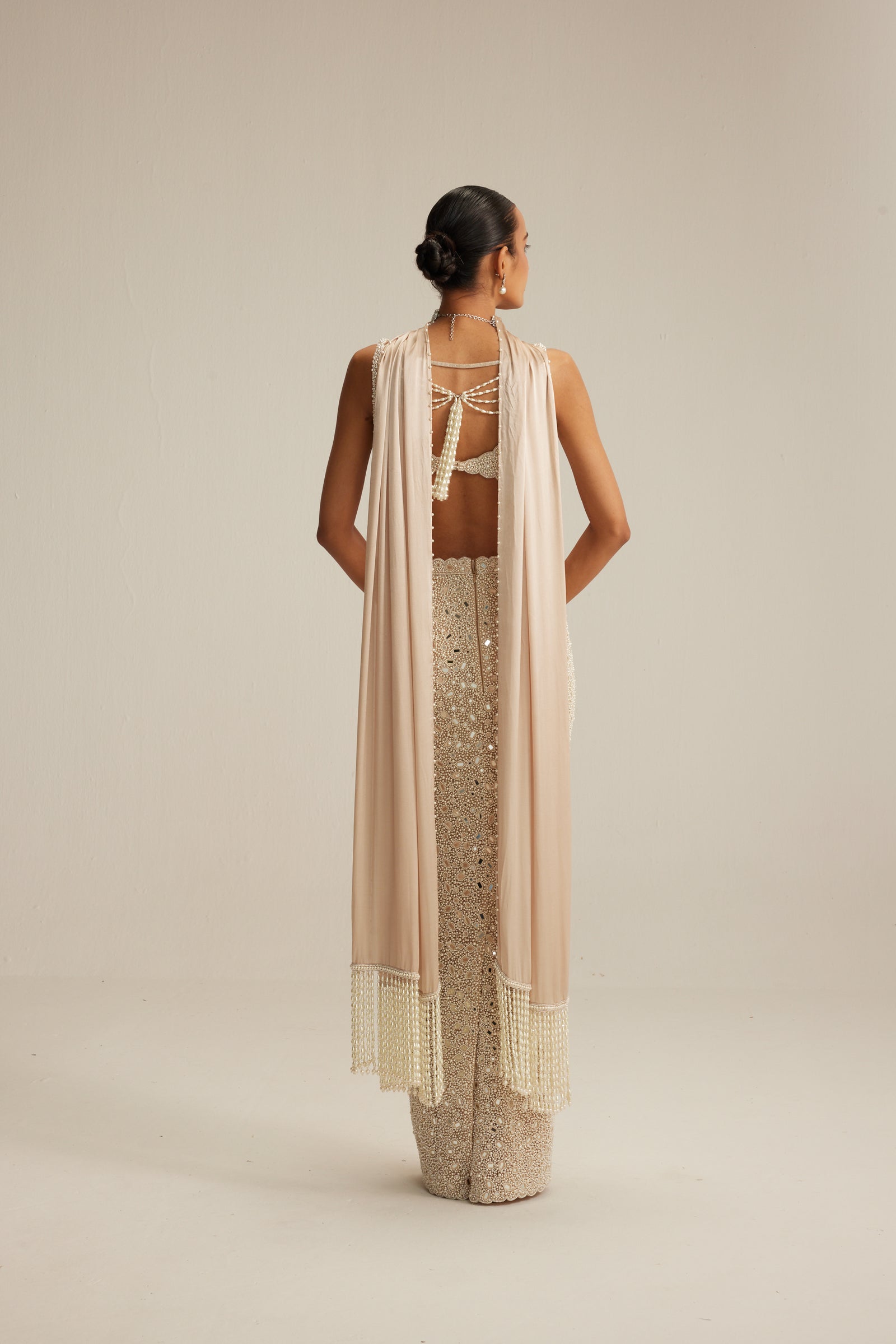 Light Beige V neck Pencil Skirt Set.