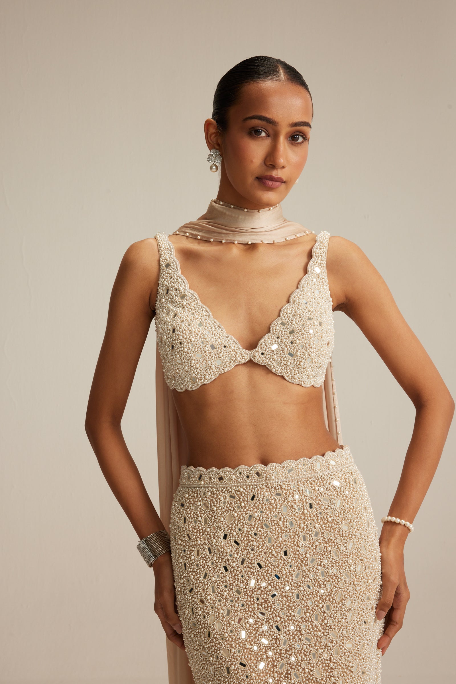 Light Beige V neck Pencil Skirt Set.