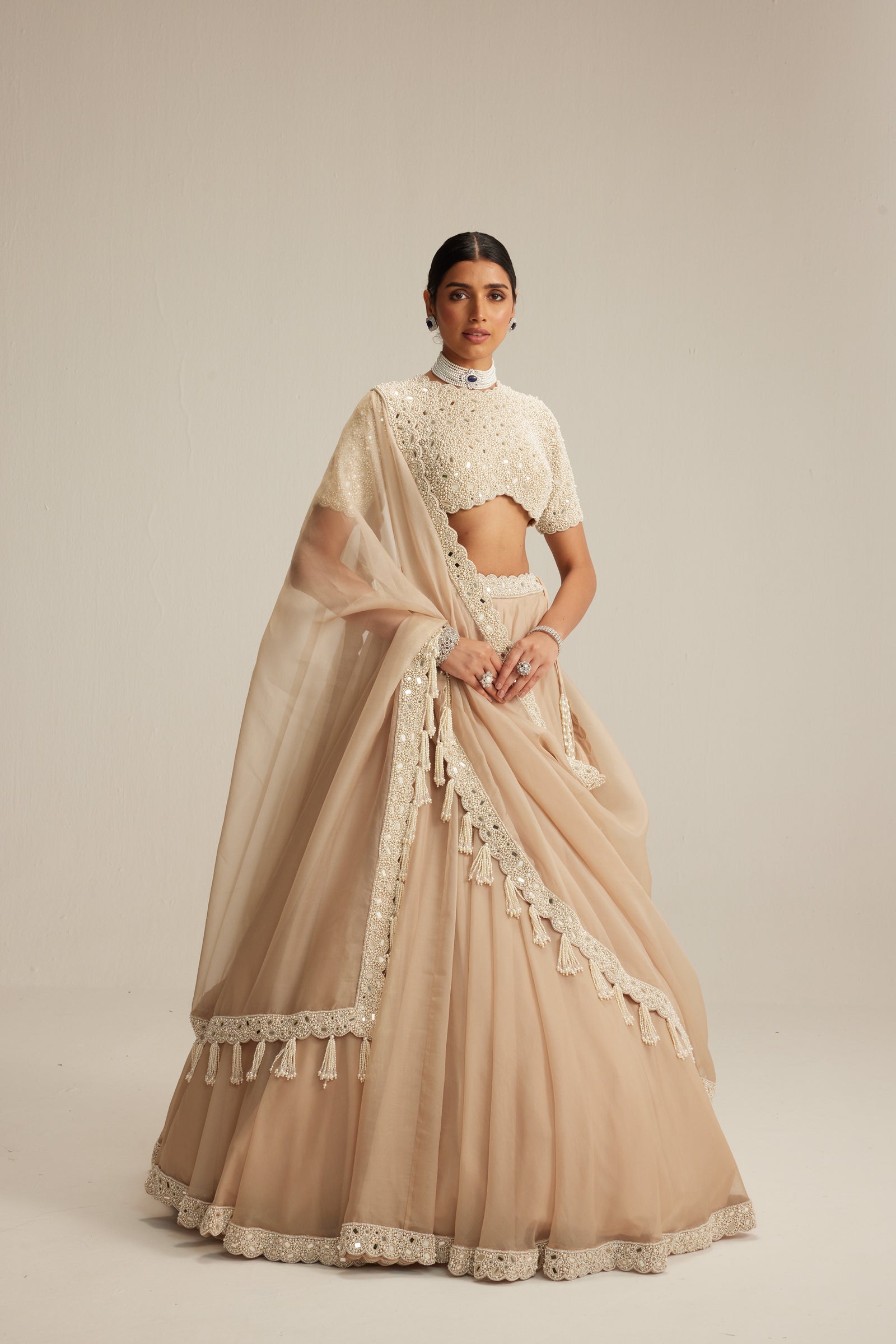 Light Beige High Neck Organza mirror and pearl lehenga set