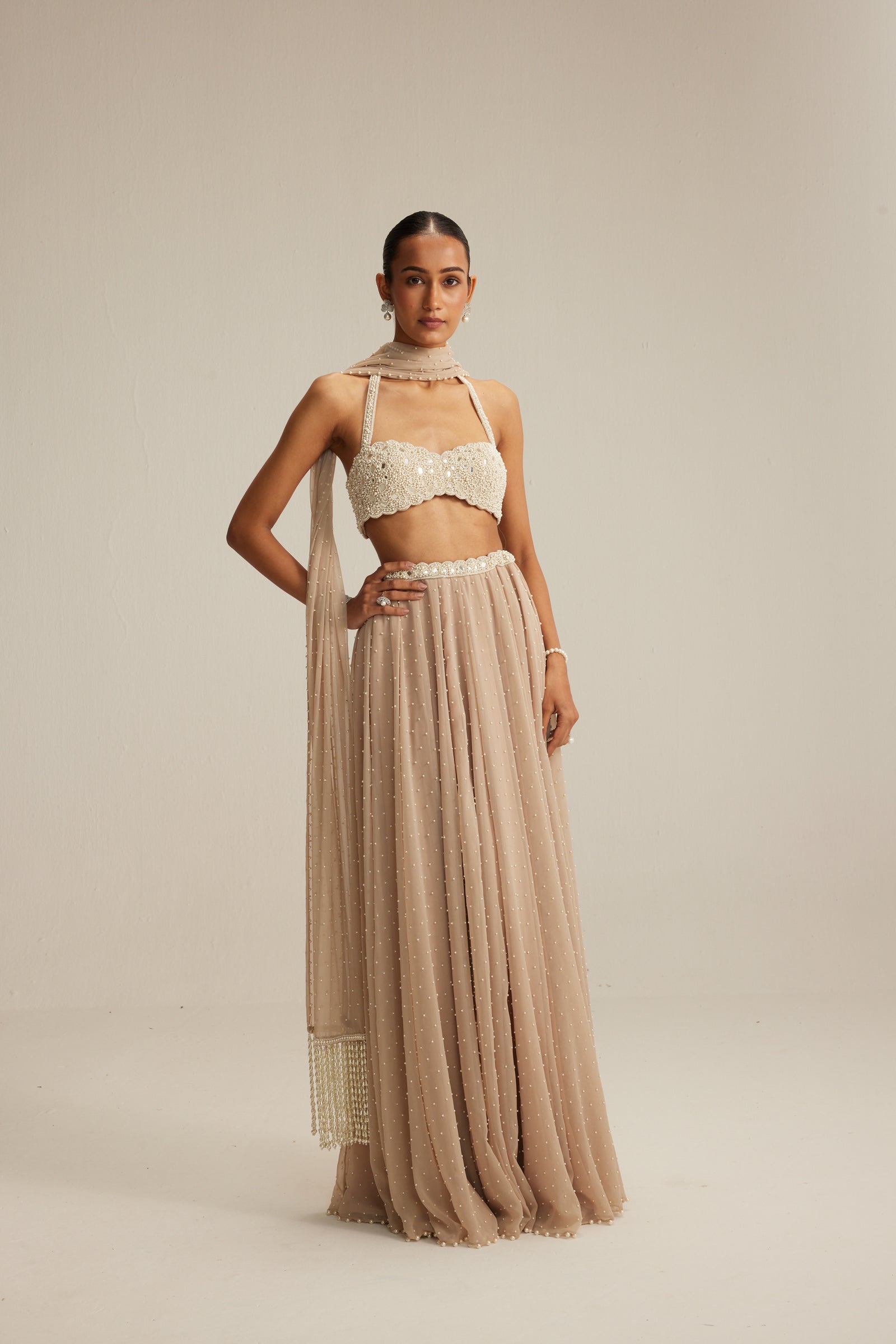 Light Beige Skirt Set With Halter Neck Blouse