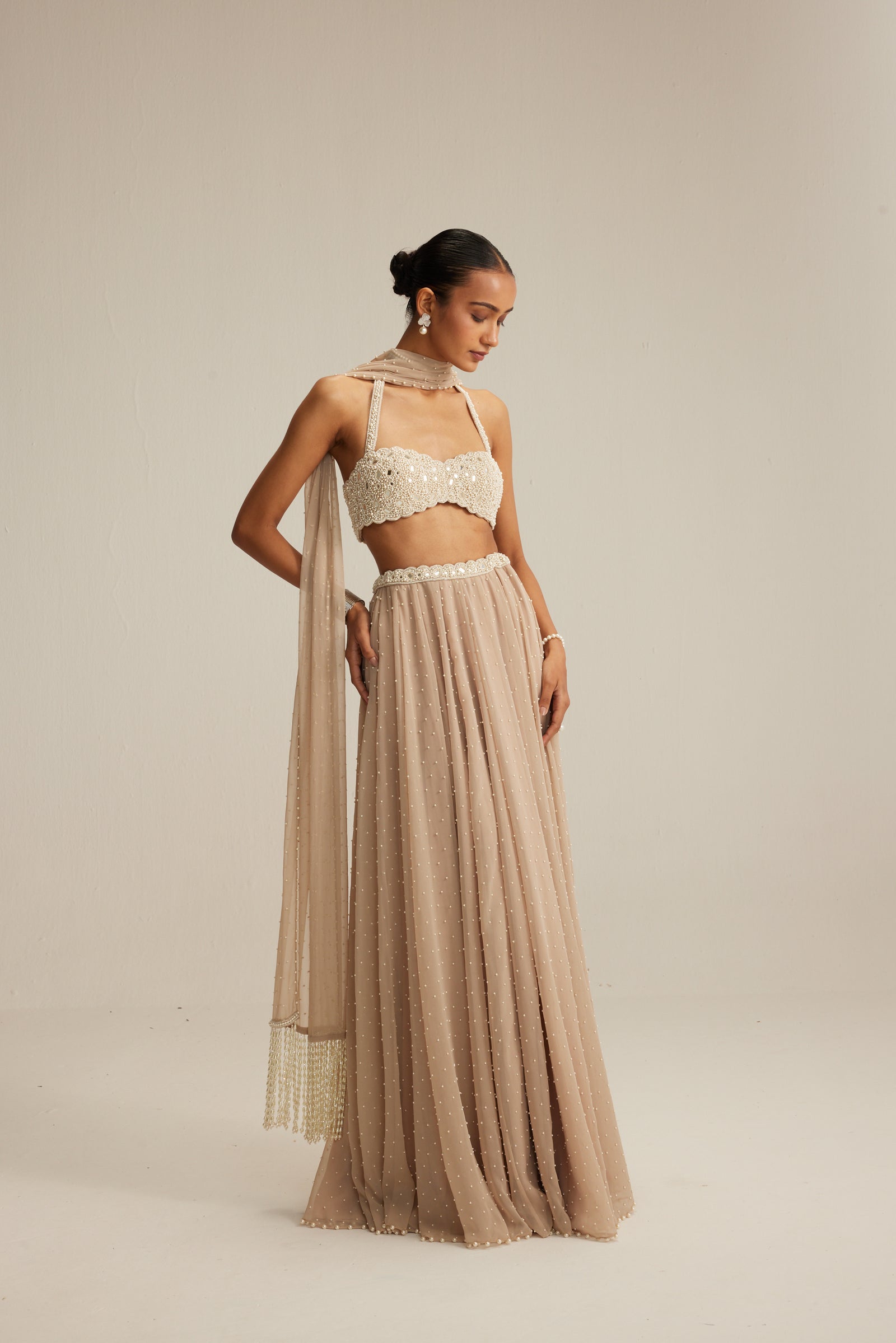 Light Beige Skirt Set With Halter Neck Blouse