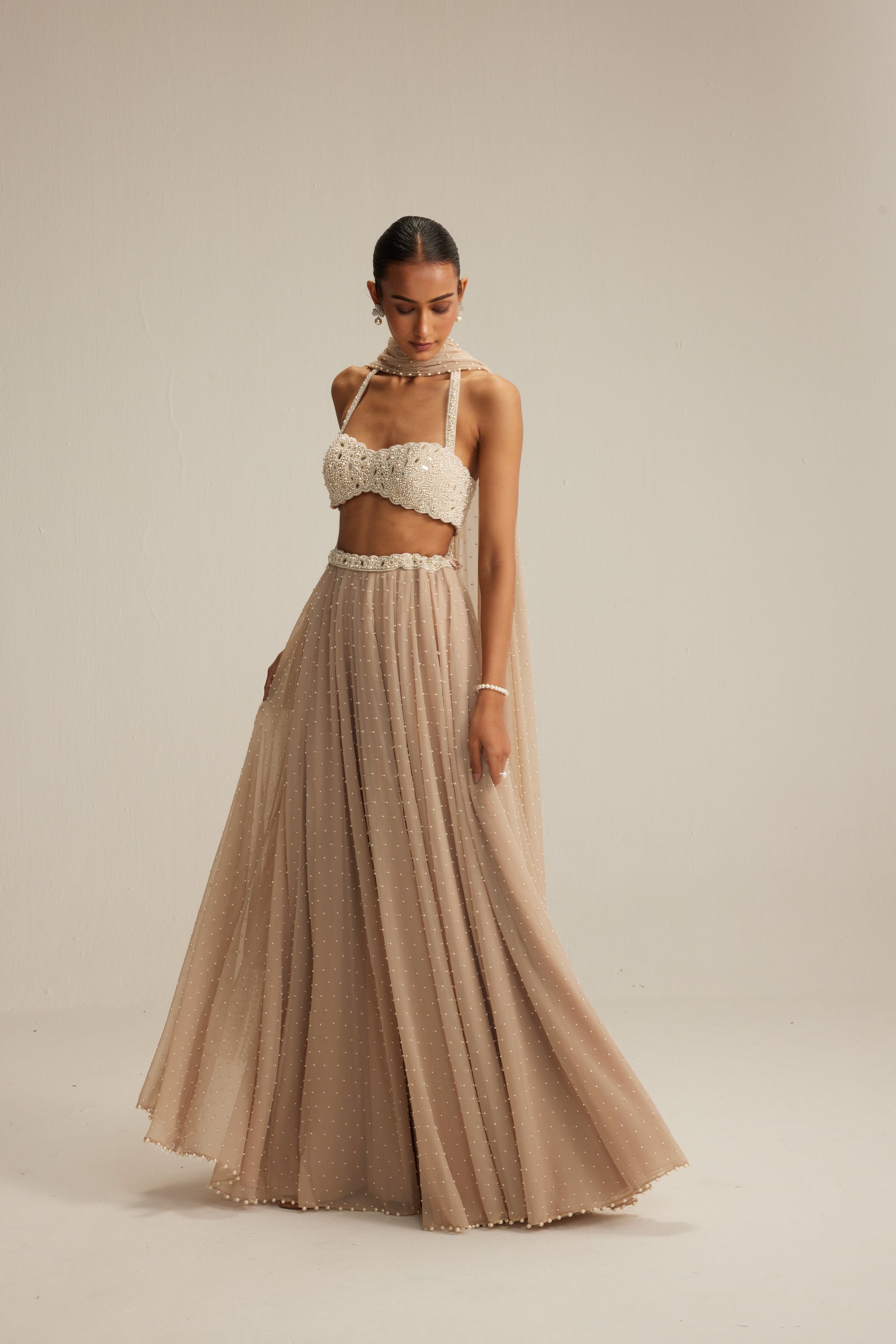 Light Beige Skirt Set With Halter Neck Blouse