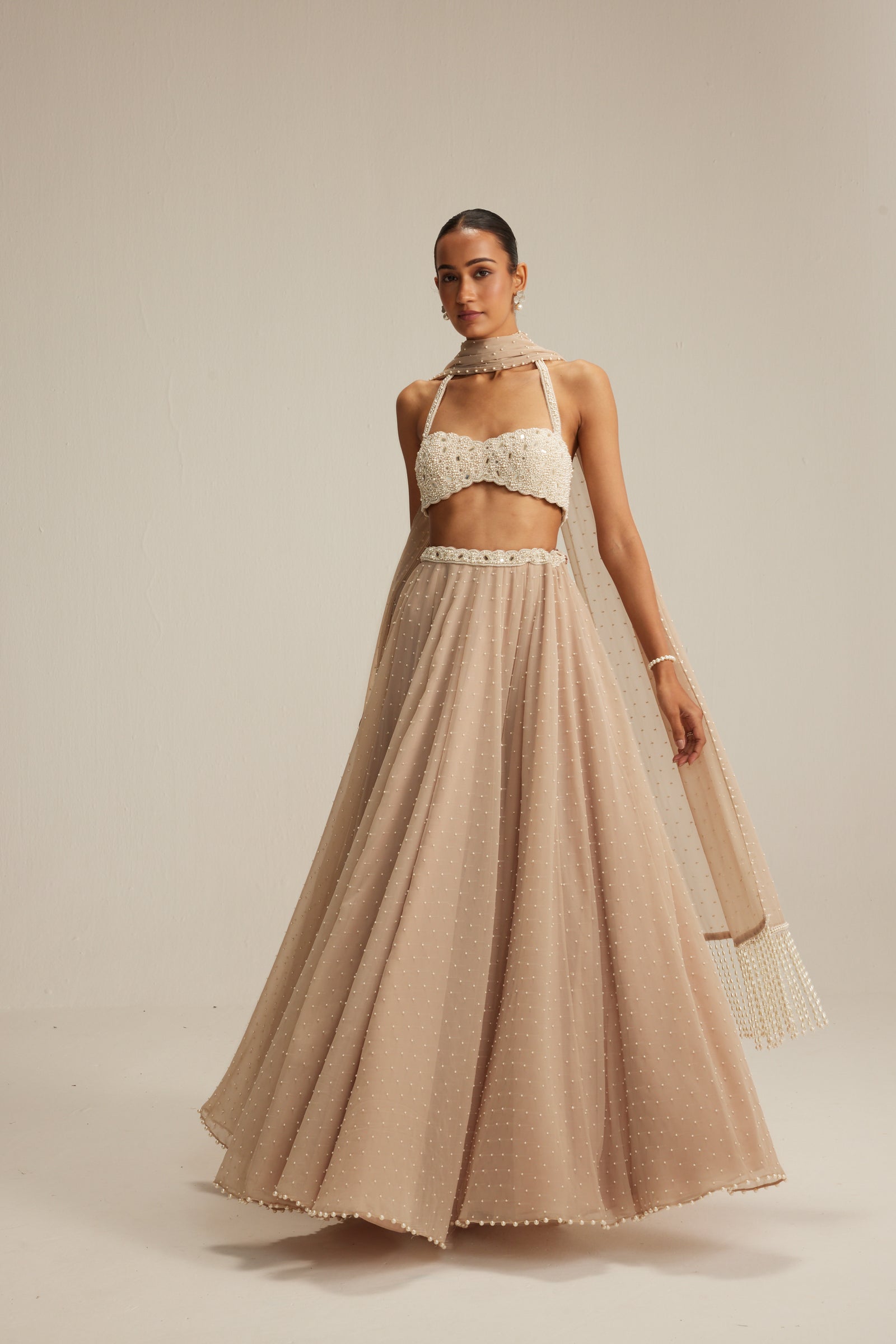 Light Beige Skirt Set With Halter Neck Blouse