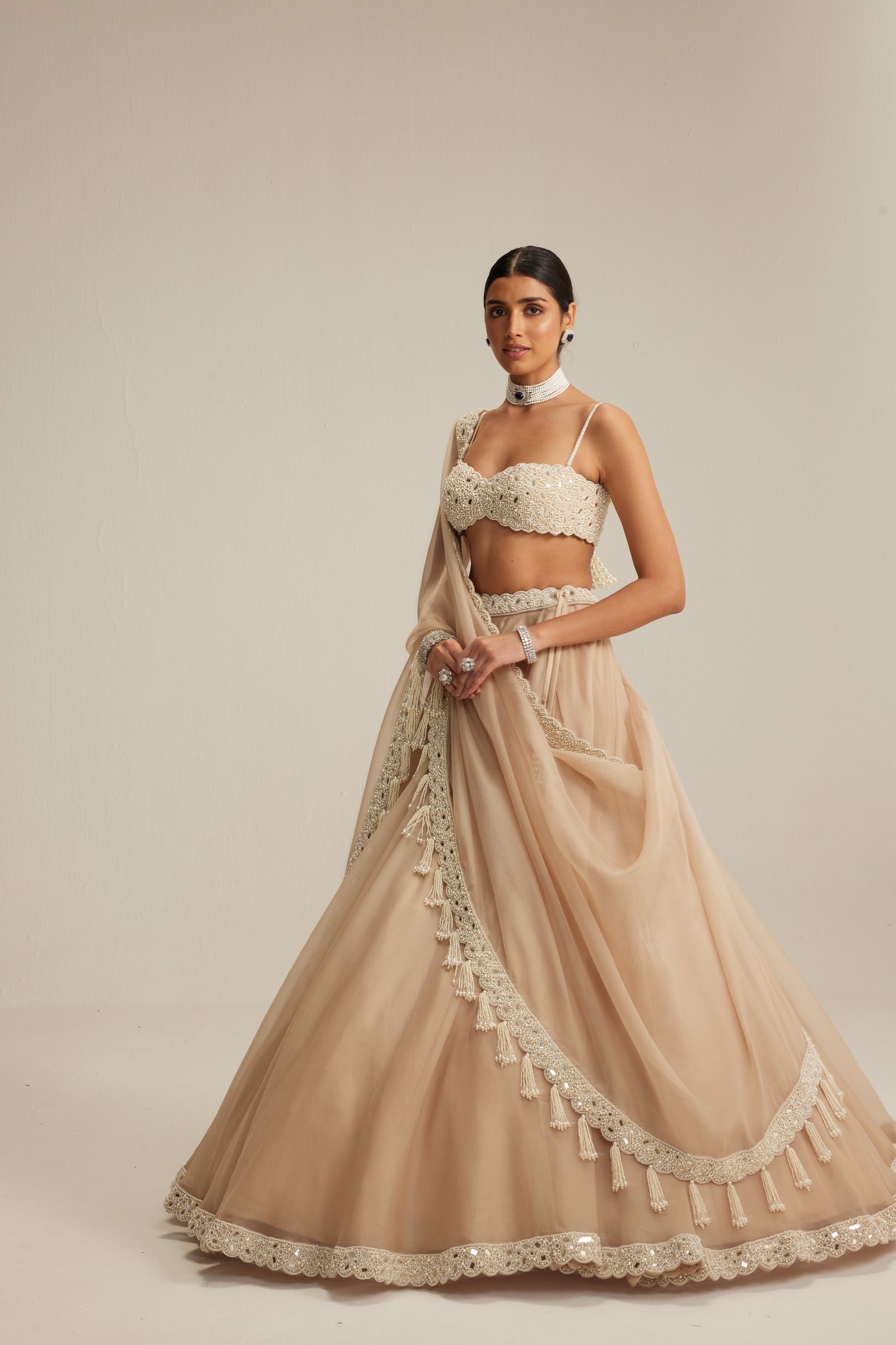 Light Beige Organza mirror and pearl lehenga set