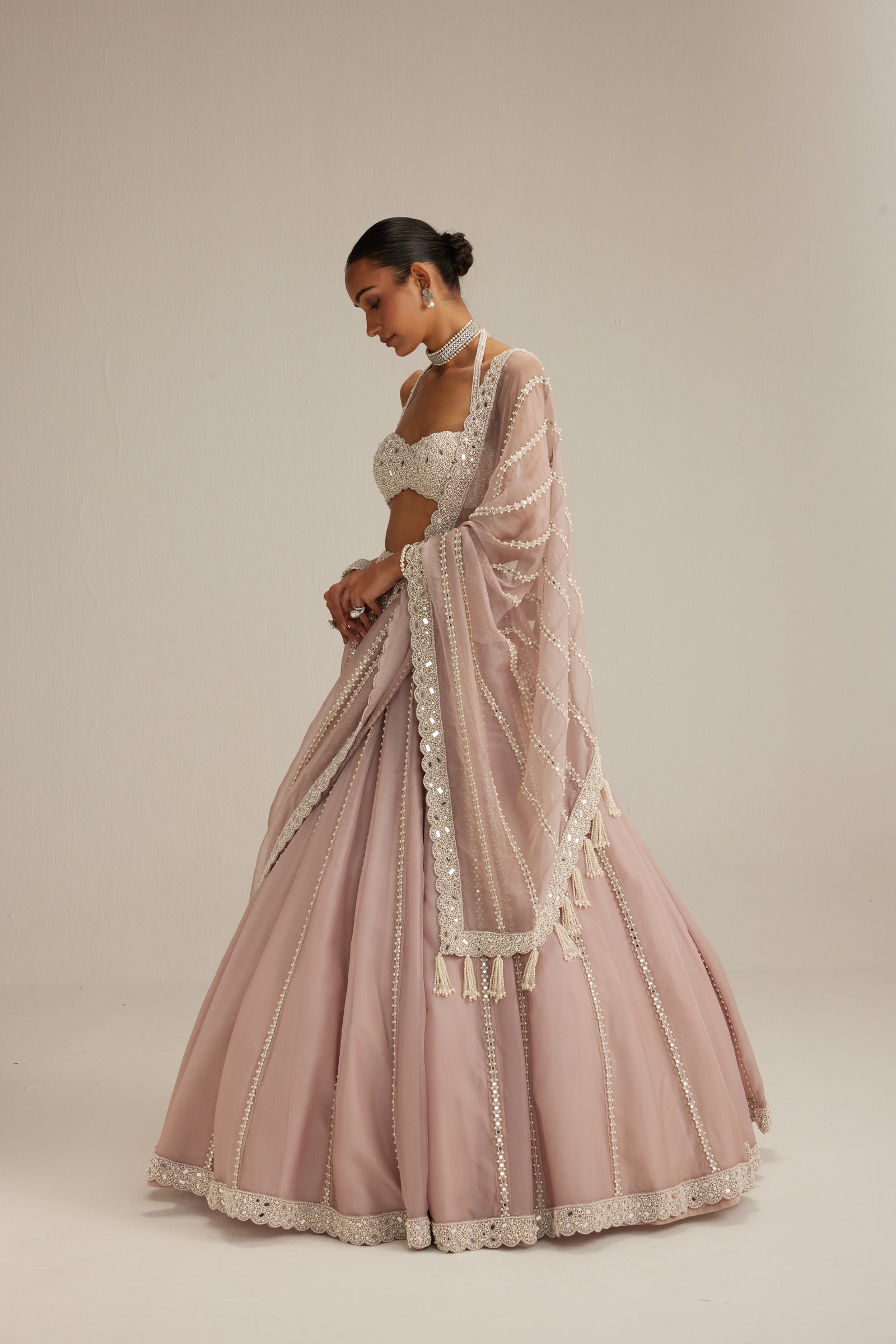 Ash Pink linear embroidered Organza Lehenga Set