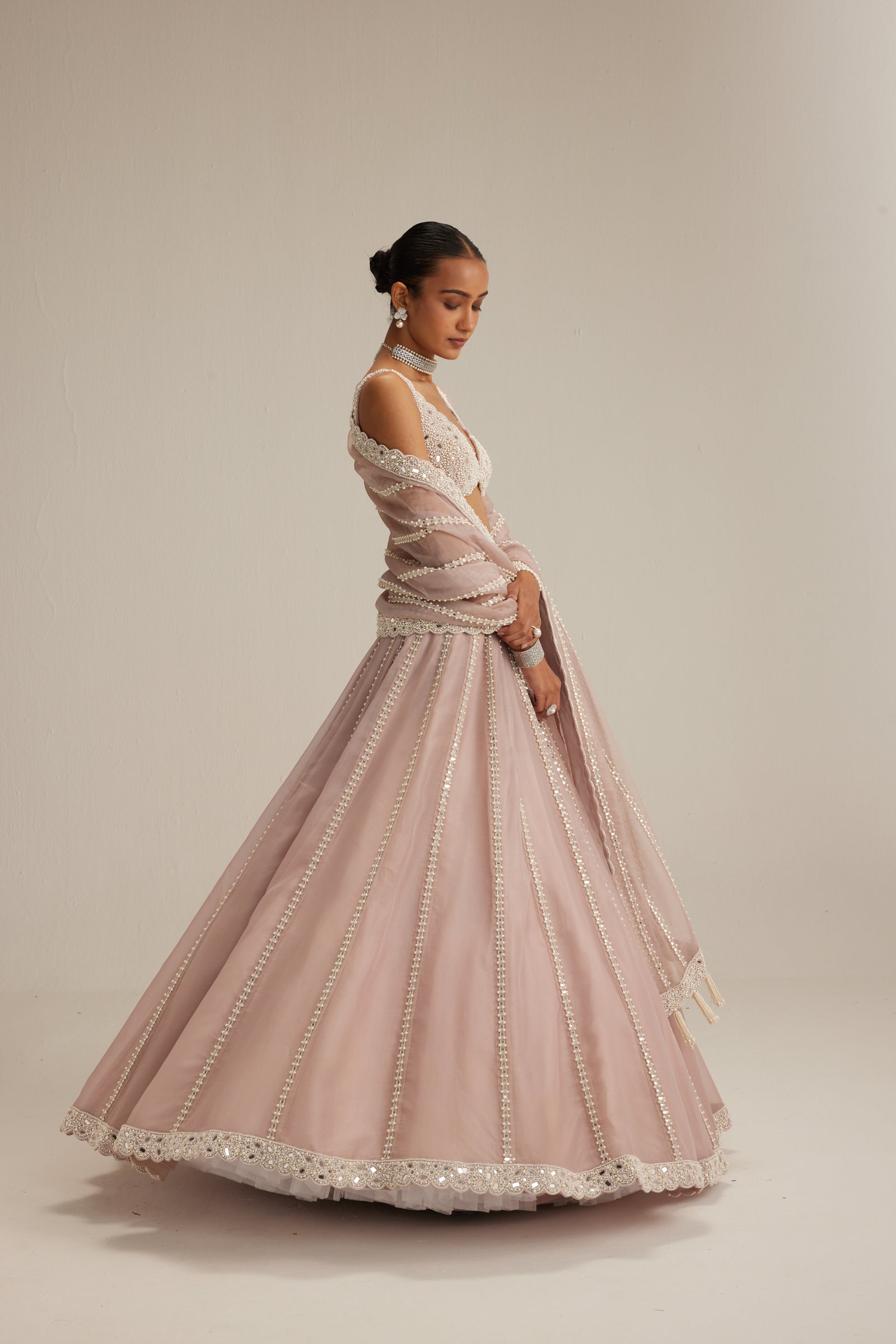 Ash Pink Pearl Mirror linear Lehenga with V neck Blouse