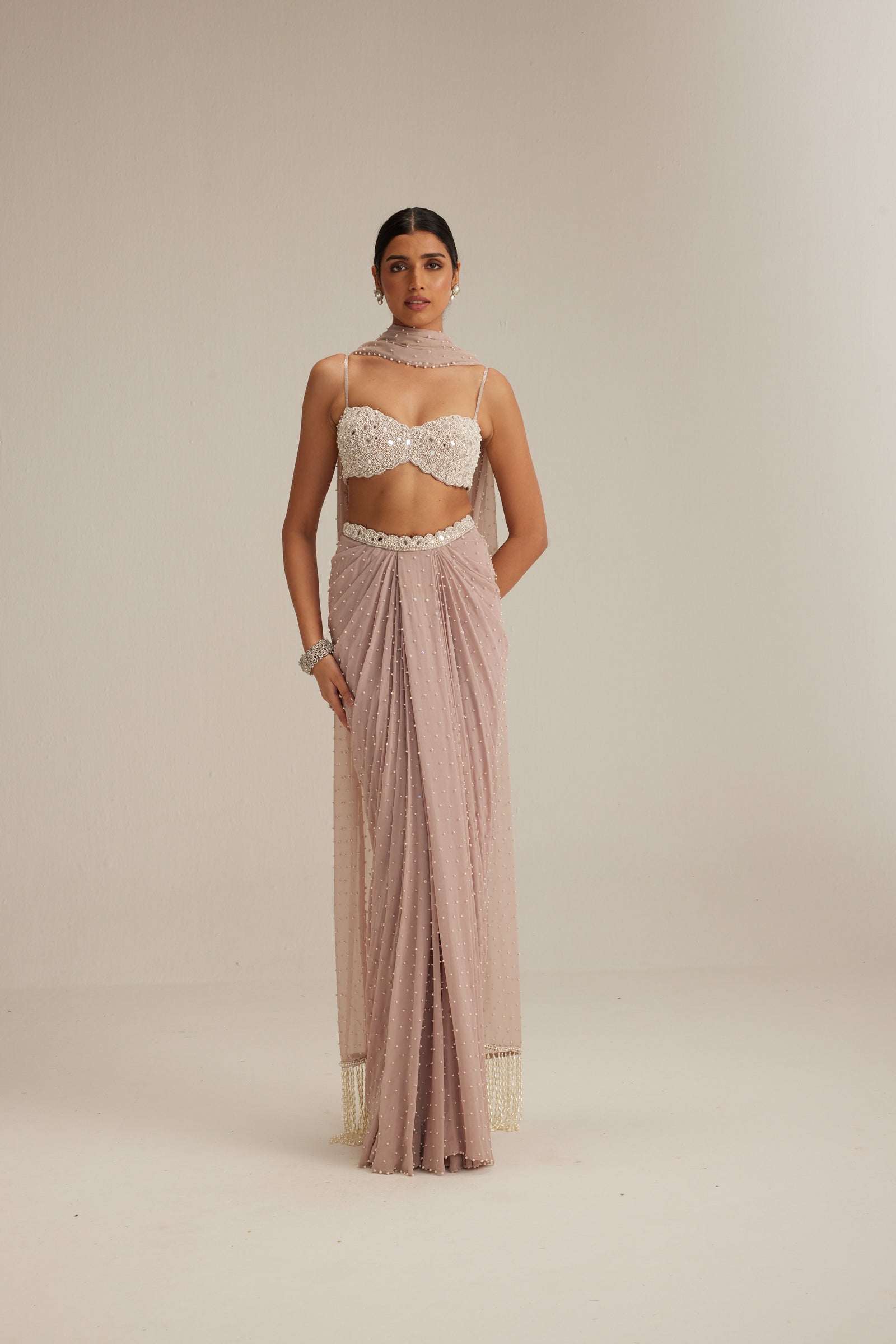 Ash pink Pearl Scattered draped skirt set