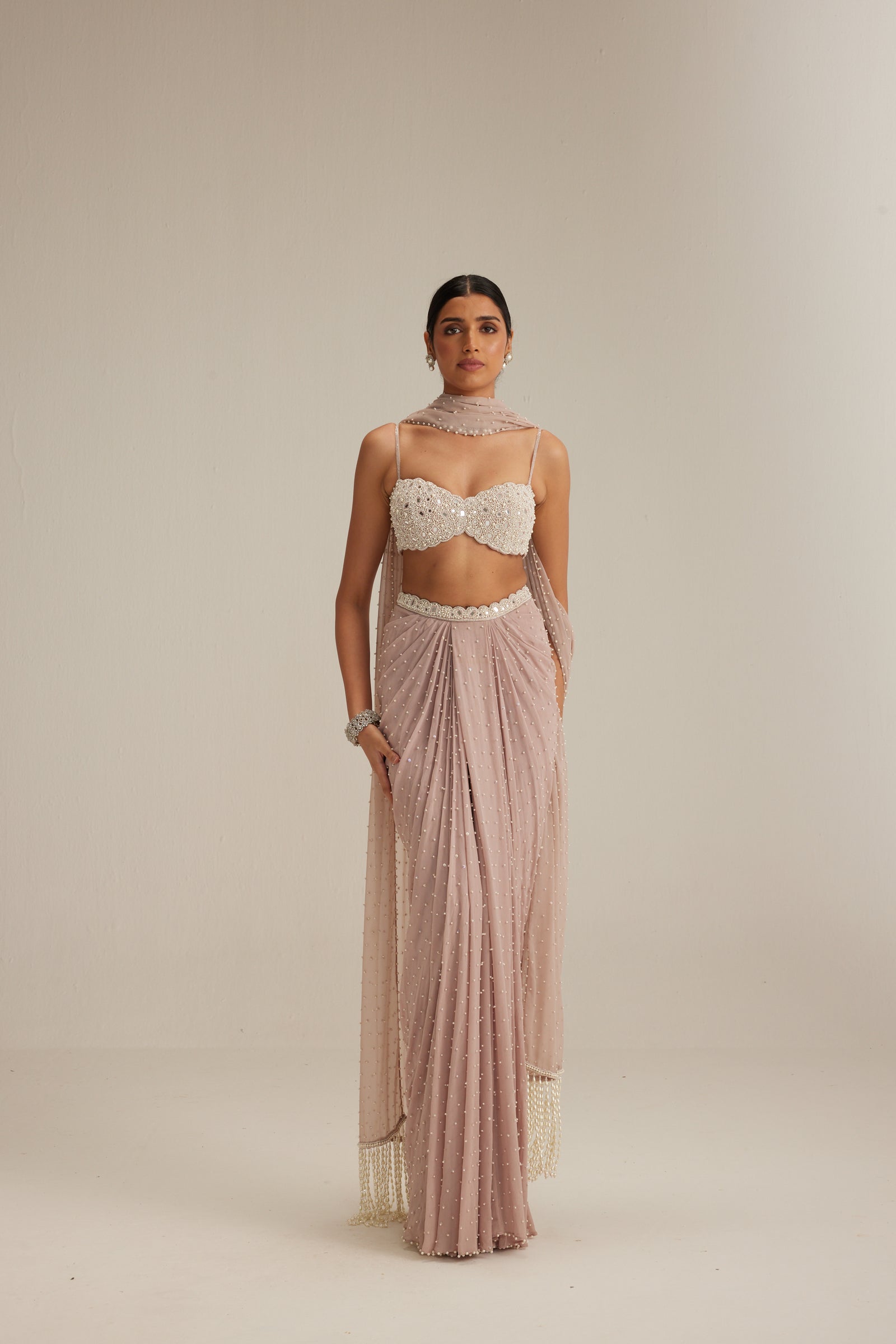 Ash pink Pearl Scattered draped skirt set