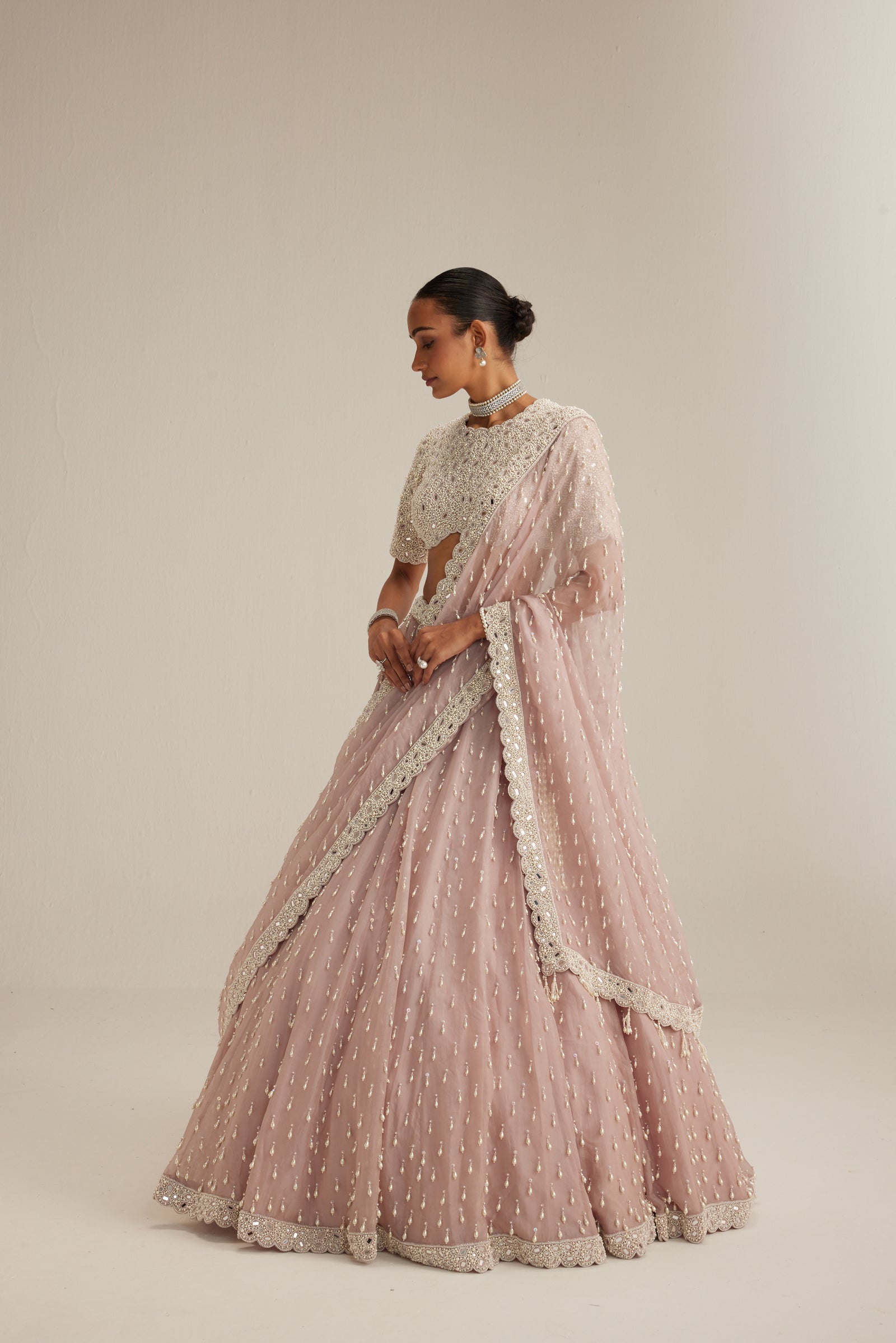 Ash Pink Pearl Drop Lehenga with high neck blouse
