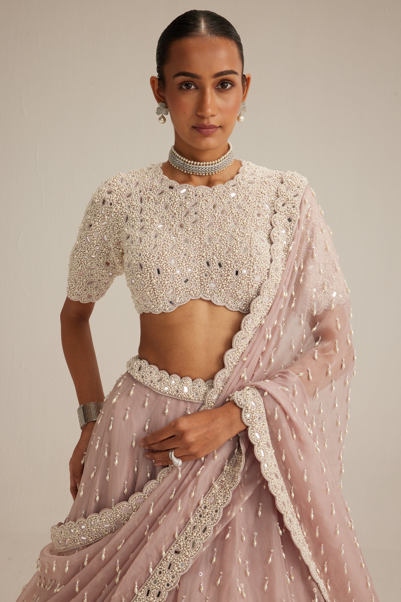 Ash Pink Pearl Drop Lehenga with high neck blouse
