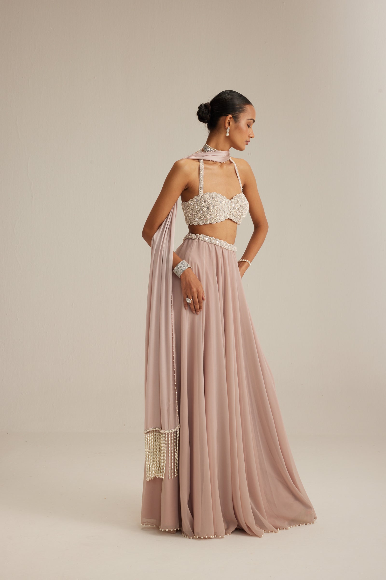Ash Pink Georgette Skirt with Halter neck Blouse and stole