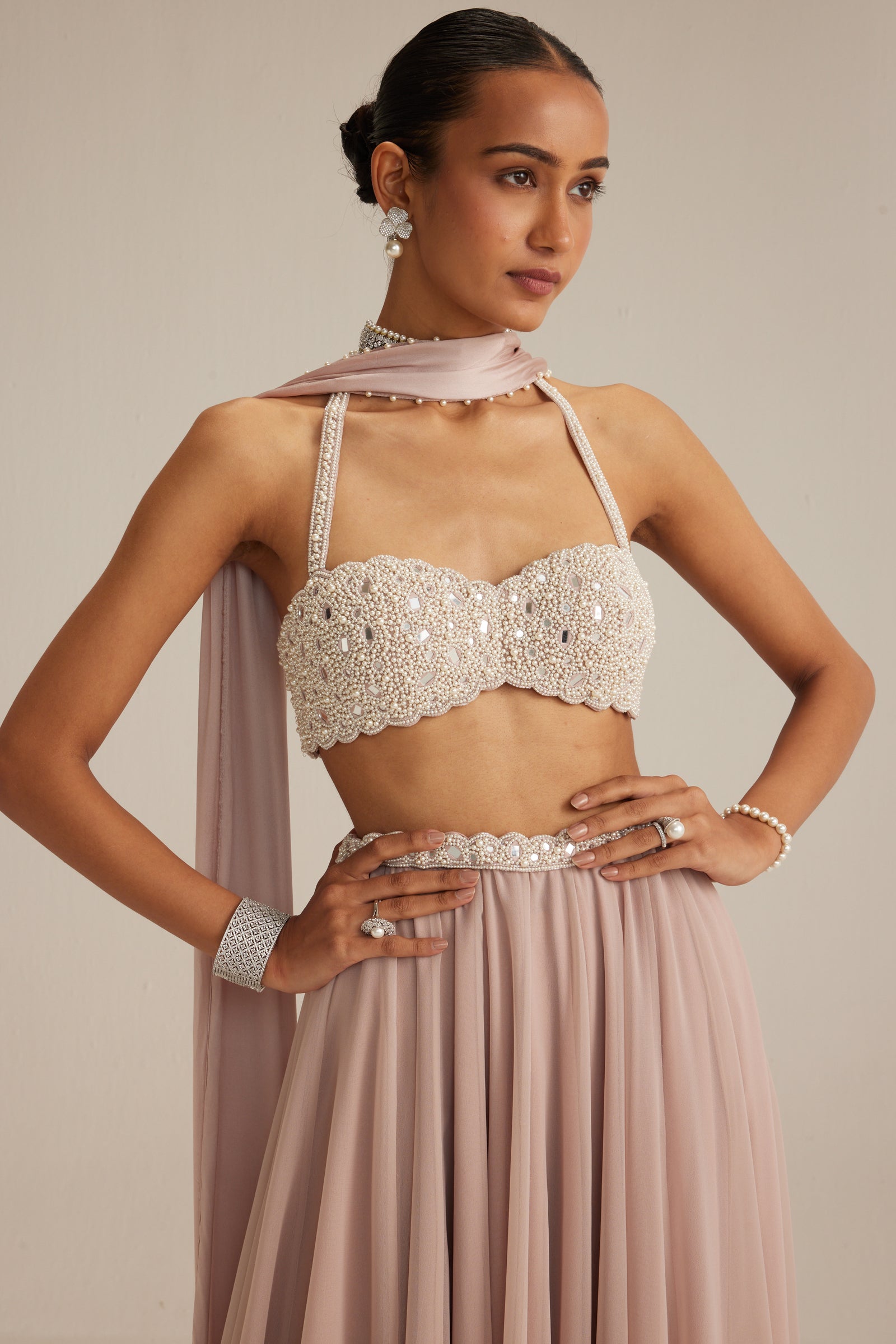 Ash Pink Georgette Skirt with Halter neck Blouse and stole