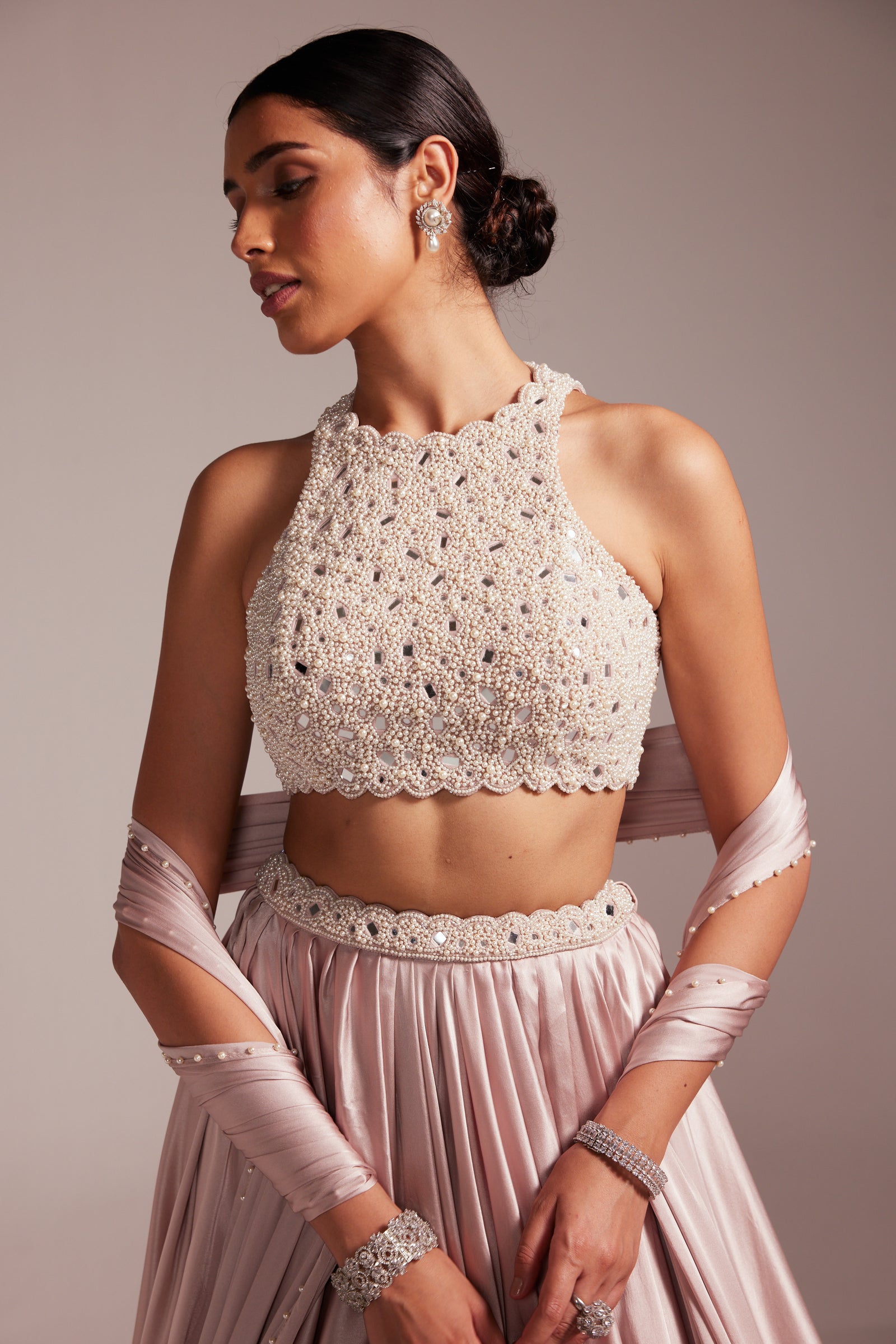 Ash Pink Satin skirt Set