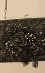 Black lace applique work & 3D floral hand embroidered purse with a silver frame
