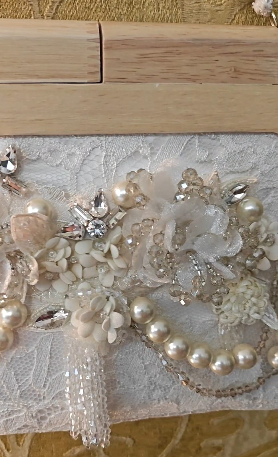 White chantilly lace purse with dainty floral embroidery and pearl/ bead scallops