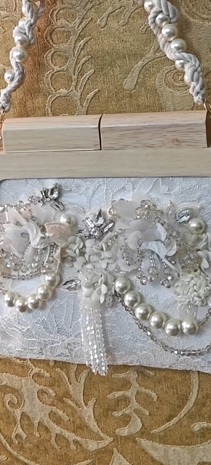 White chantilly lace purse with dainty floral embroidery and pearl/ bead scallops