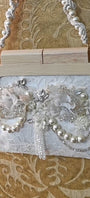White chantilly lace purse with dainty floral embroidery and pearl/ bead scallops
