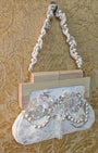 White chantilly lace purse with dainty floral embroidery and pearl/ bead scallops