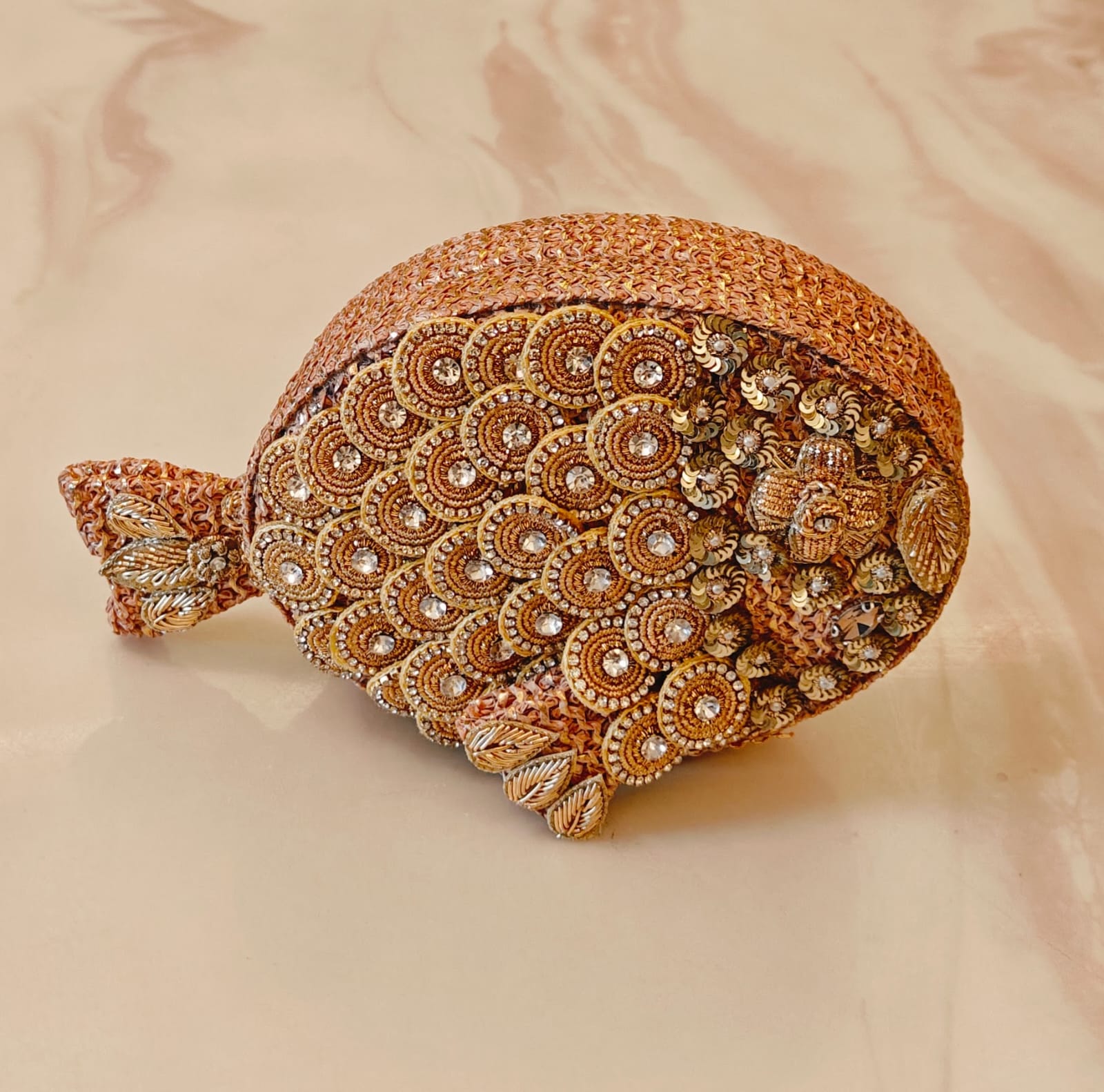 Gold Zardozi Fish Clutch/purse/sling. Hand embroidered with love