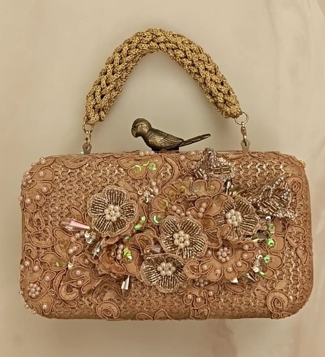 Rose Gold lace and applique clutch/purse with pearl and diamond embroidery set