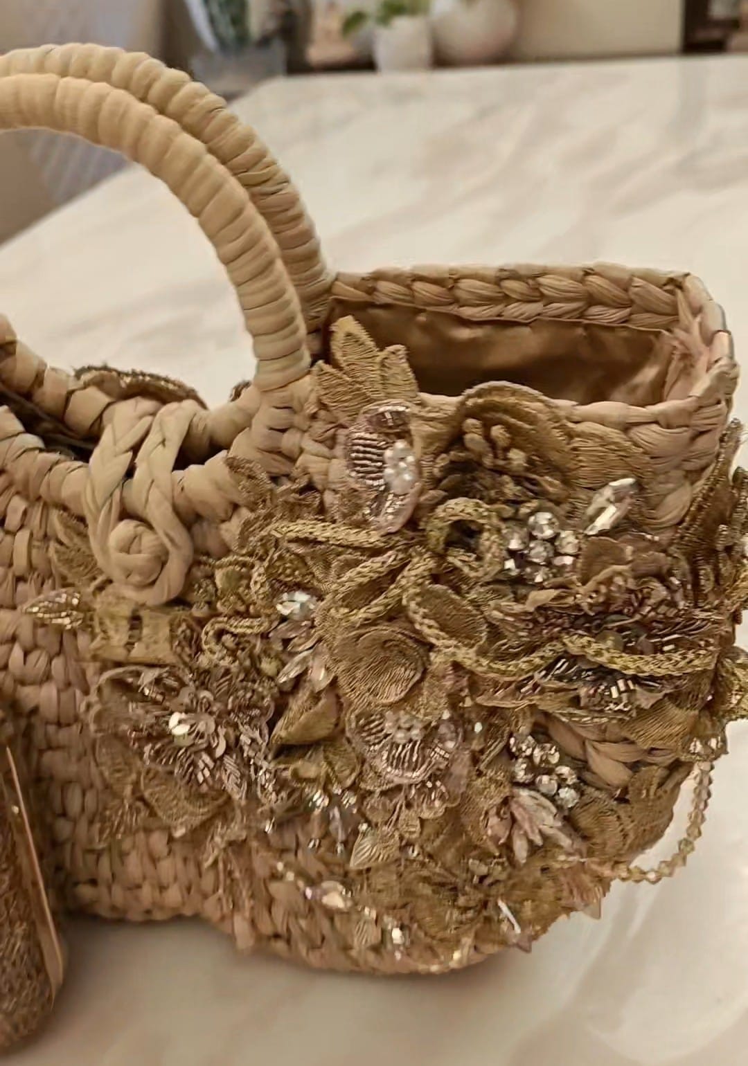 Cane box purse with white and gold 3D applique hand embroidery