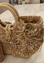 Cane box purse with white and gold 3D applique hand embroidery