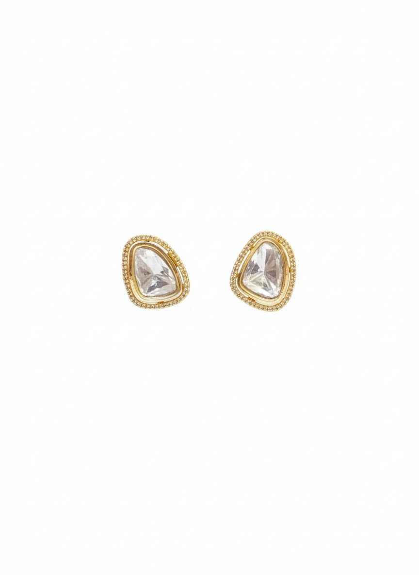 Geometric Polki Studs with Pearl-Bead Border