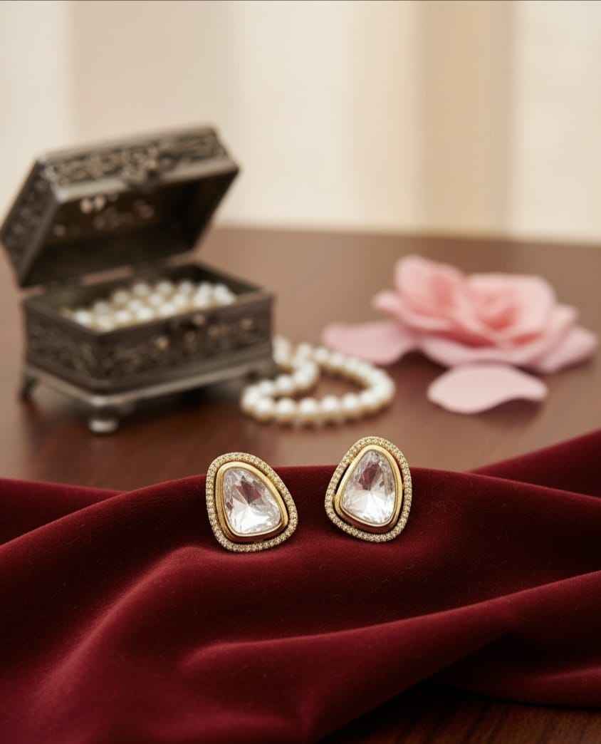 Geometric Polki Studs with Pearl-Bead Border