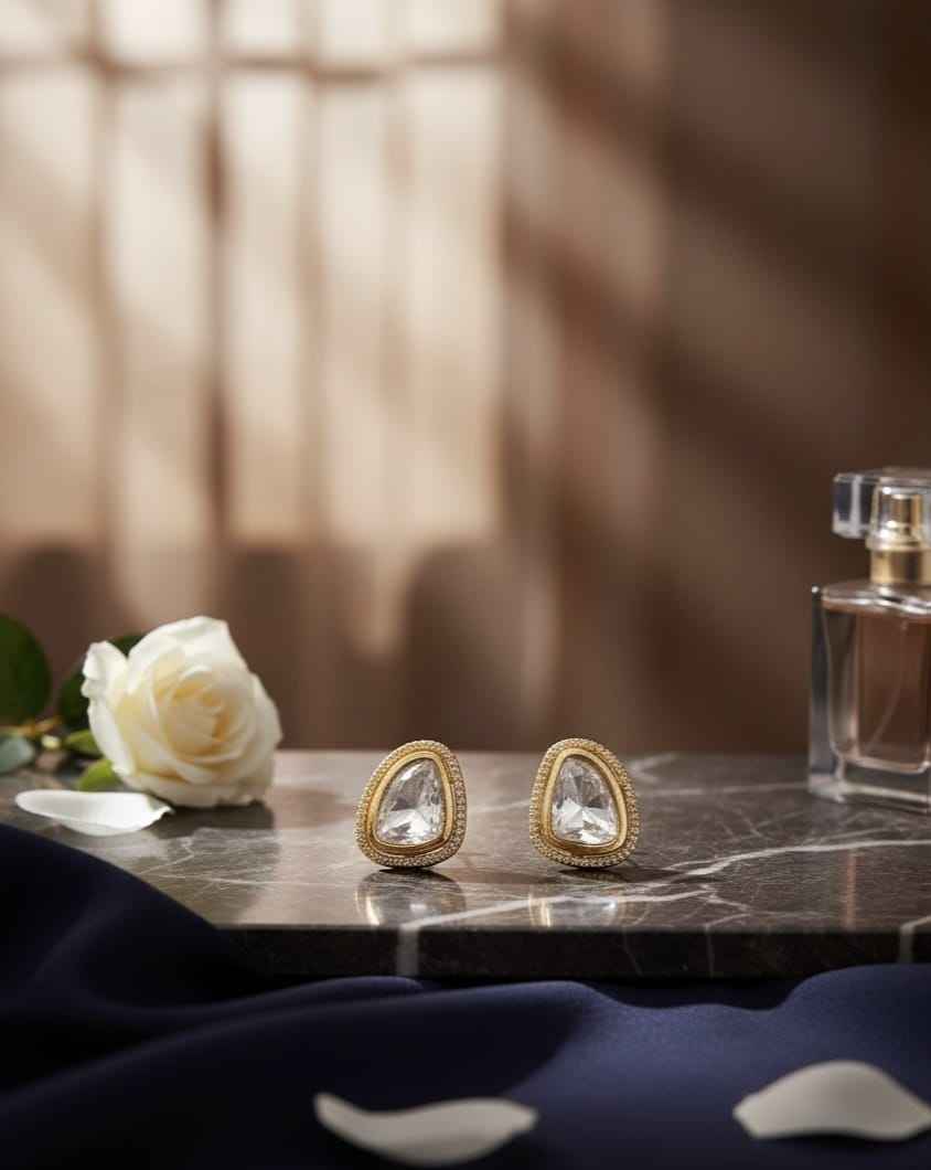 Geometric Polki Studs with Pearl-Bead Border