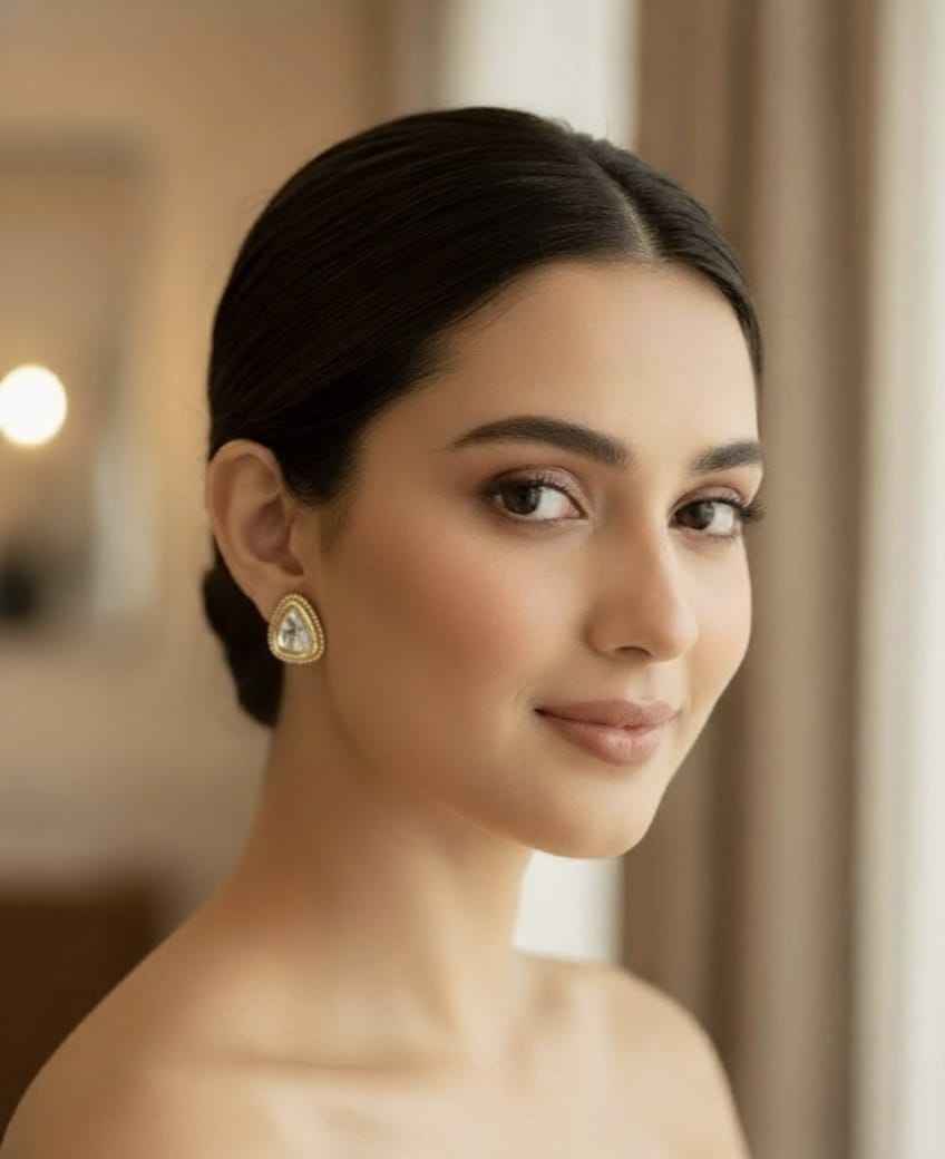 Geometric Polki Studs with Pearl-Bead Border