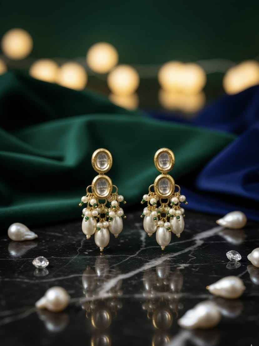 Double Kundan Drop Jhumki with Pearl & Emerald Tassels