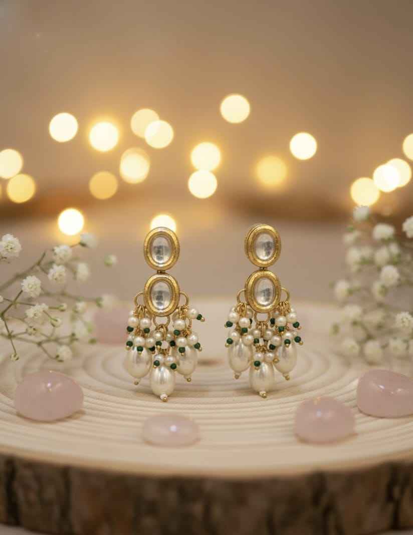 Double Kundan Drop Jhumki with Pearl & Emerald Tassels
