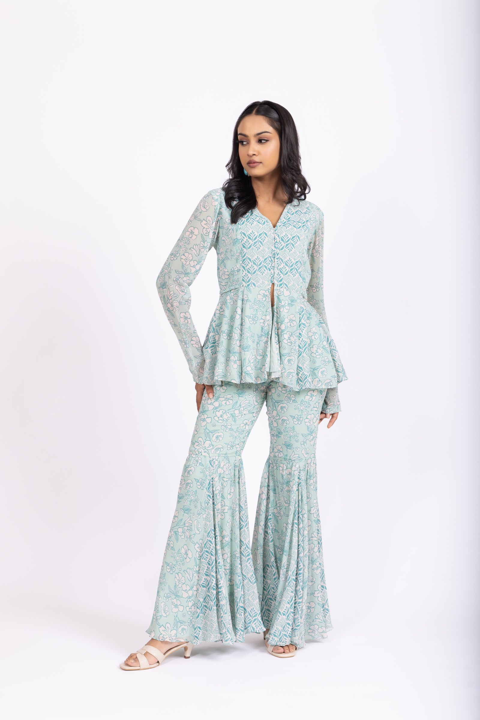 Cyan Floral Peplum Top with Matching Sharara
