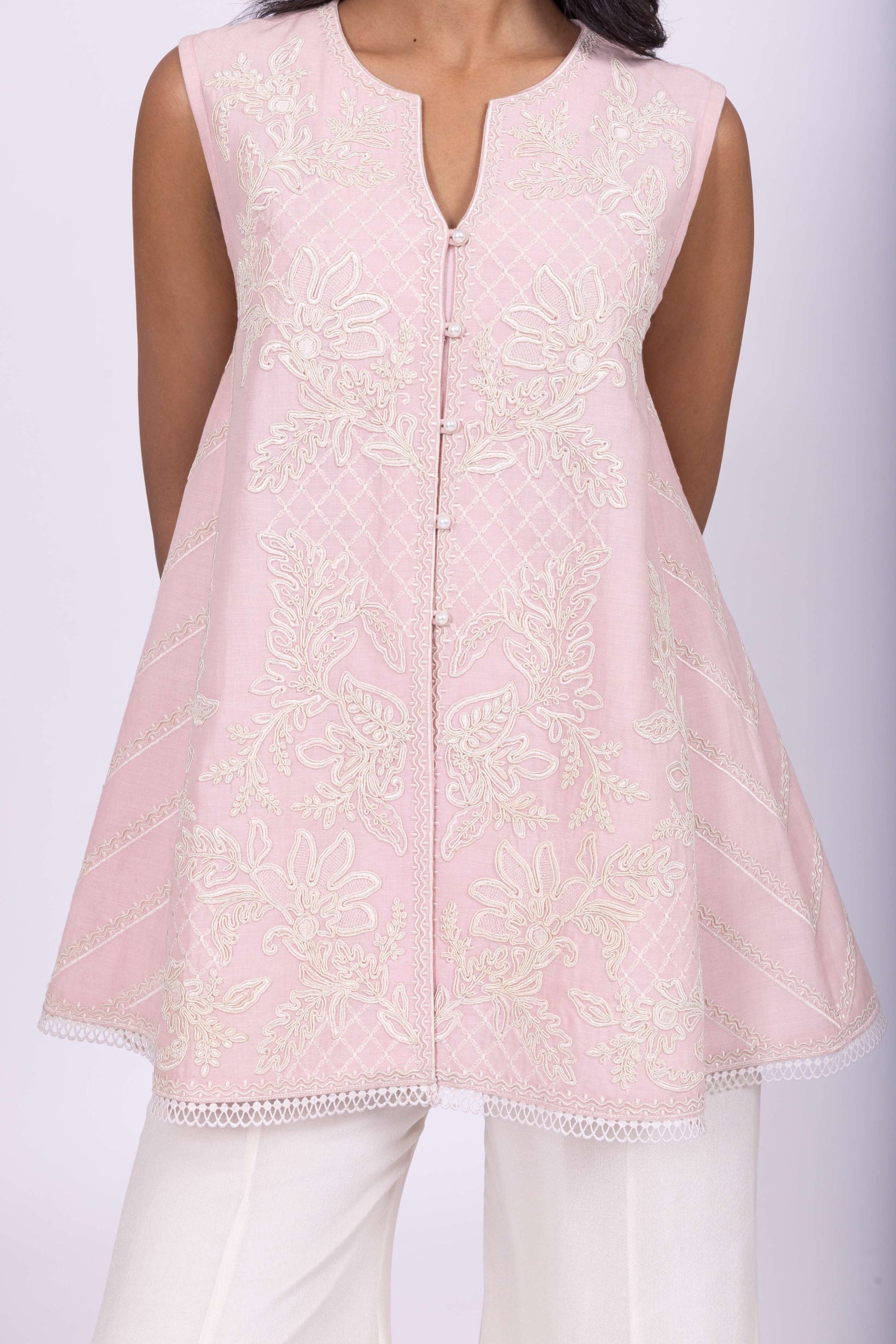 Pearl-Embellished Floral Pink Tunic & Shimmering Sharara