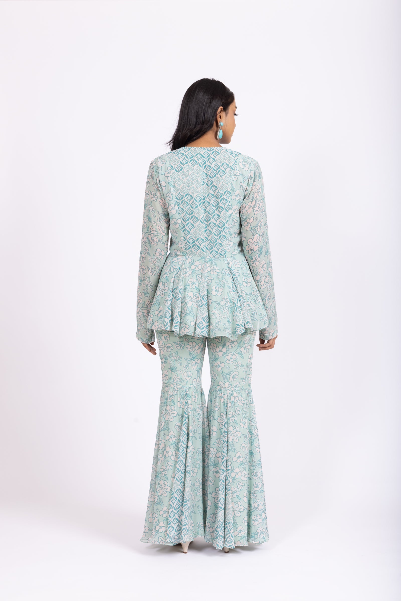 Cyan Floral Peplum Top with Matching Sharara