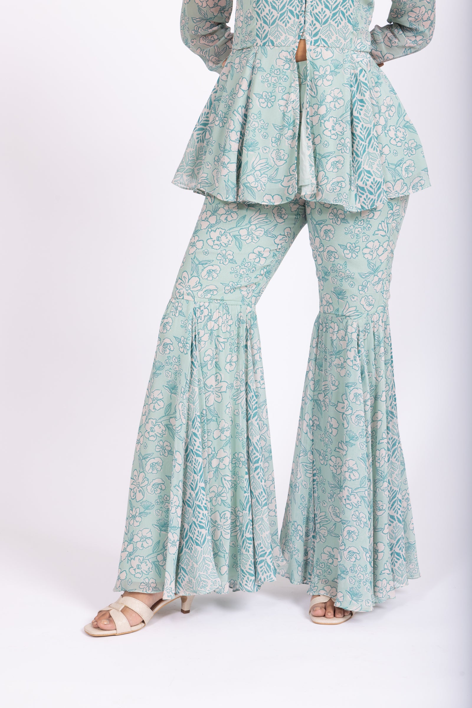 Cyan Floral Peplum Top with Matching Sharara