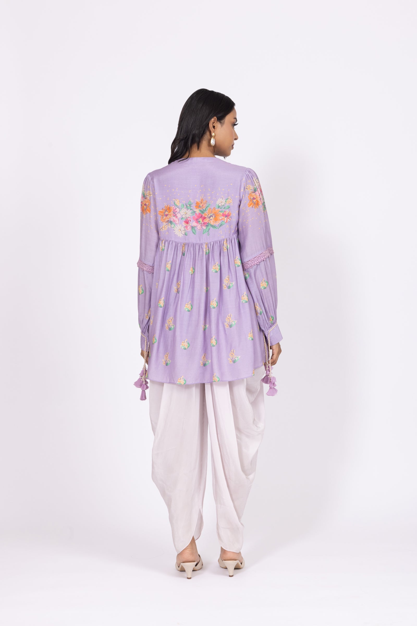 Floral Embellished Bamber Muslin Top with Lilac Crepe Dhoti