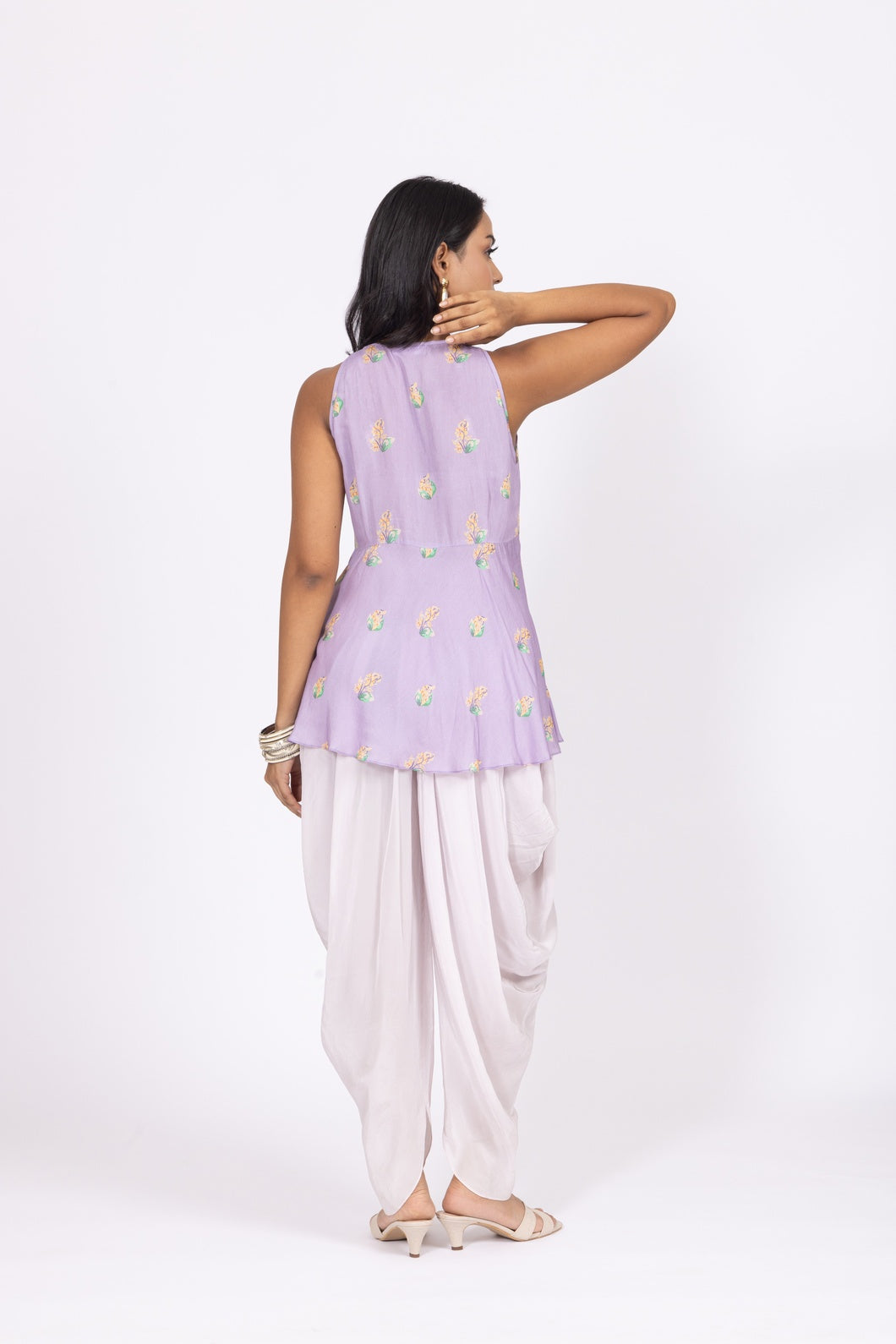 Sleeveless Peplum Top with White Draped Dhoti Pants