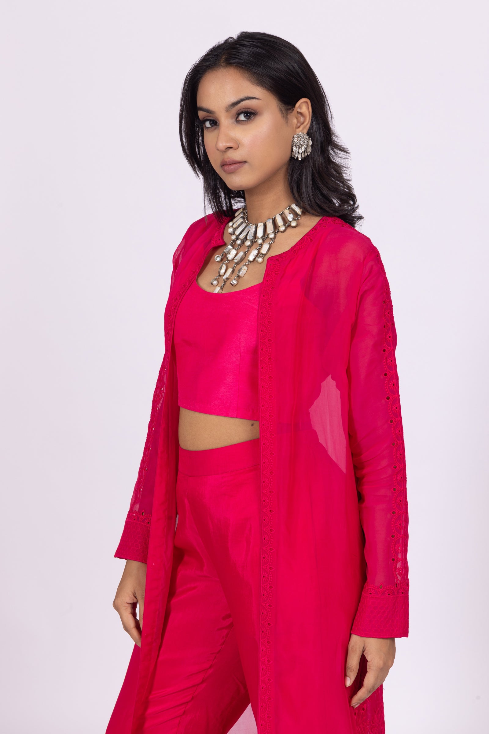 Raspberry Pink Silk Embroidered Organza Jacket Set