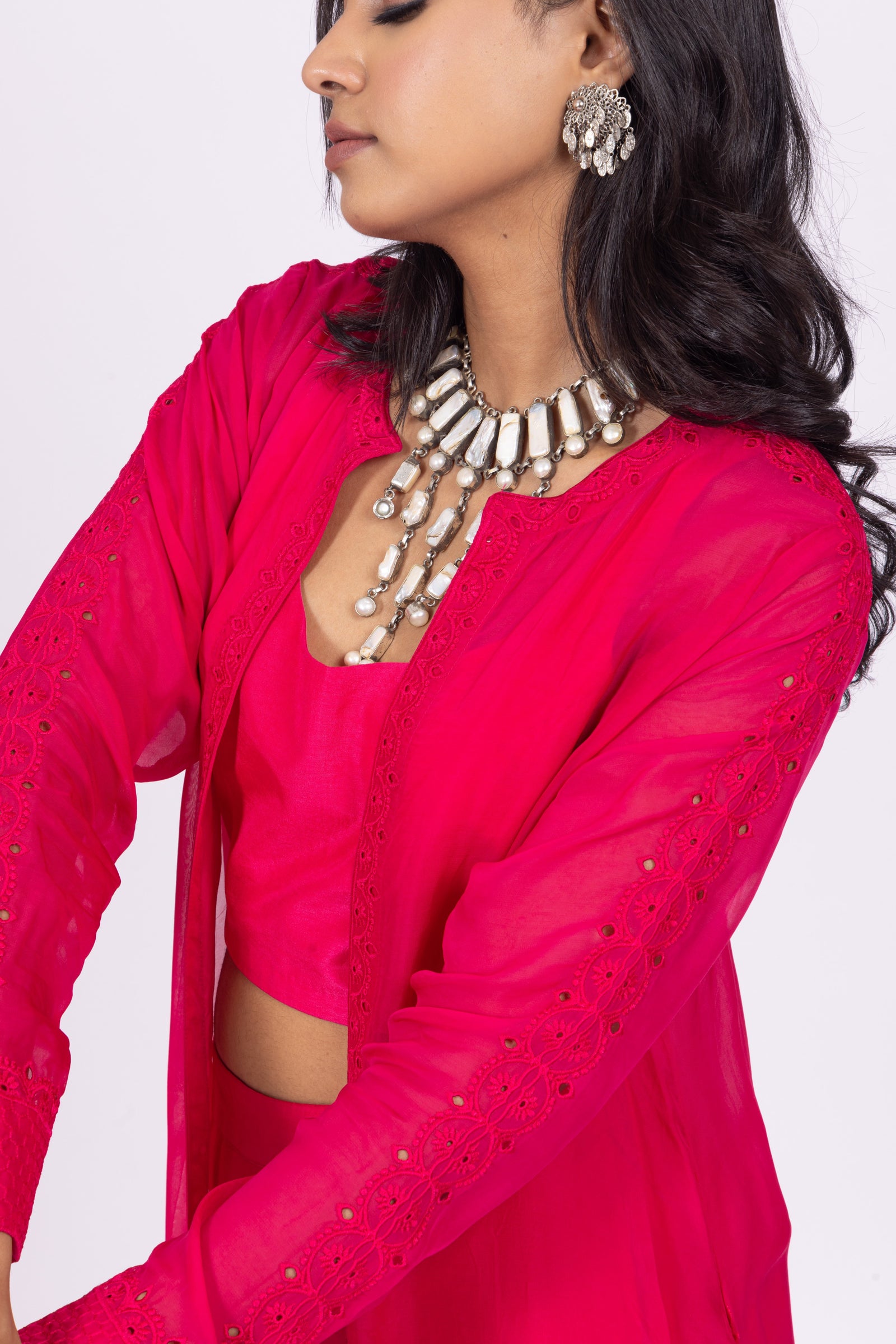 Raspberry Pink Silk Embroidered Organza Jacket Set