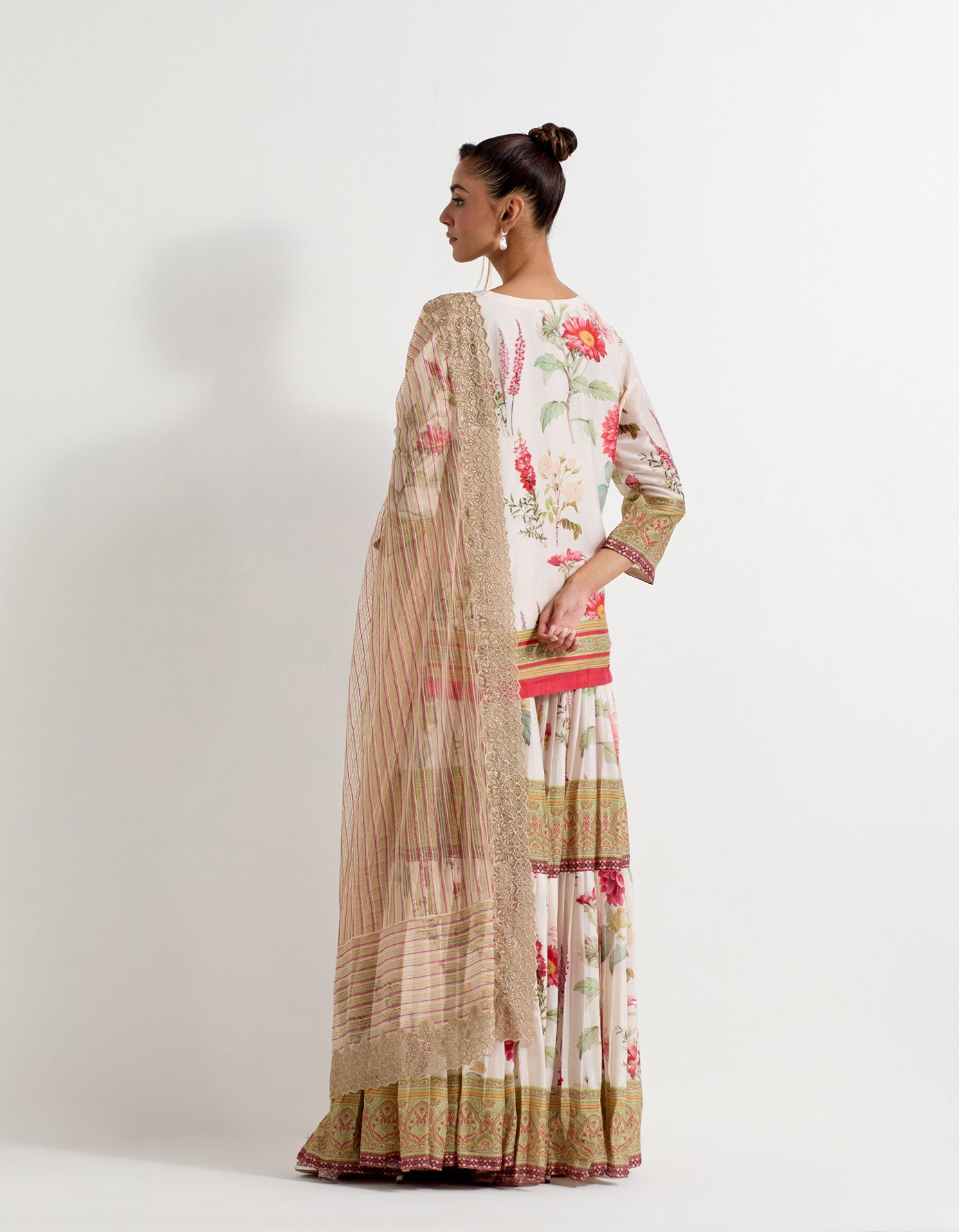 Chanderi silk daisy printed sharara set paired with  textured dupatta