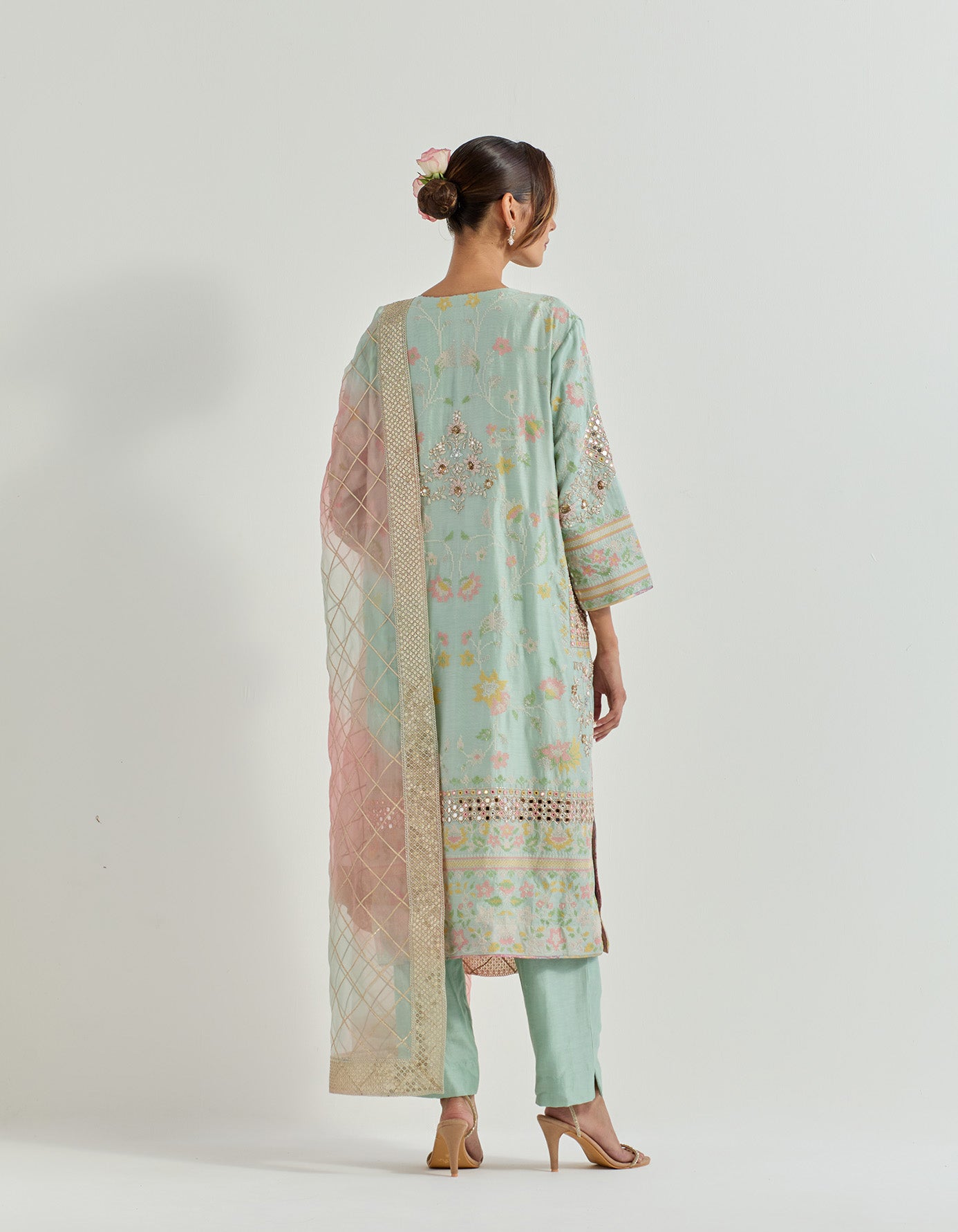 Sage  cross stitch and mirror work embellished long kurta set with organza tie dye dupatta with gota work