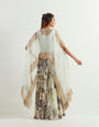 Saaya printed chanderi pants paired with organza silk hand embroidery cape and steretch inner