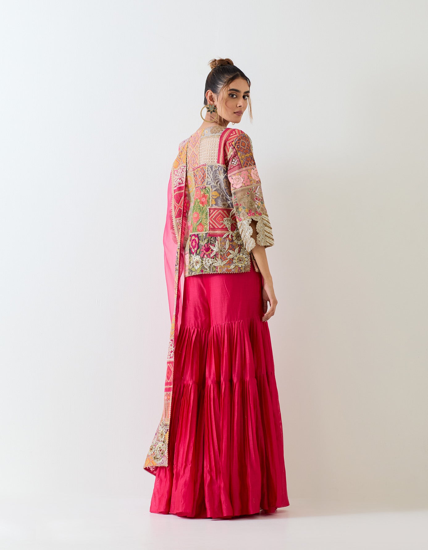 Patch work kurti and dupatta paired with pleated chanderi silk sharara