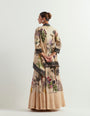 Organza botanical printed skirt paired with stretch inner and chanderi silk cape