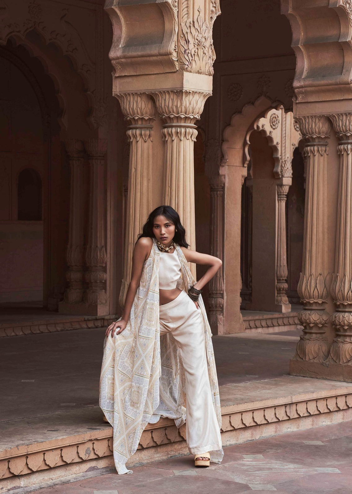 Ivory Silk Ensemble with Printed Organza Jacket & Palazzo