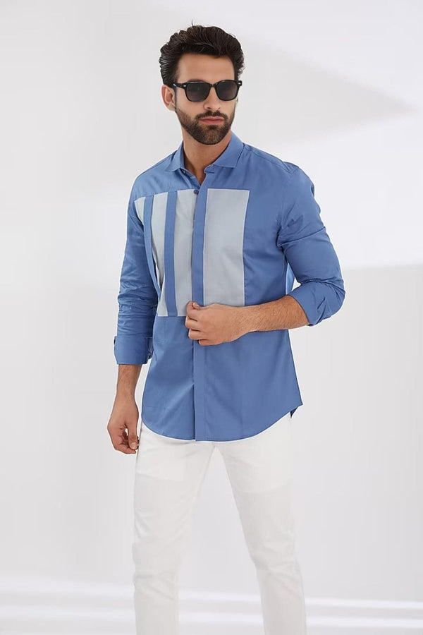 Colourblocked Spread Collar Cotton Casual Shirt