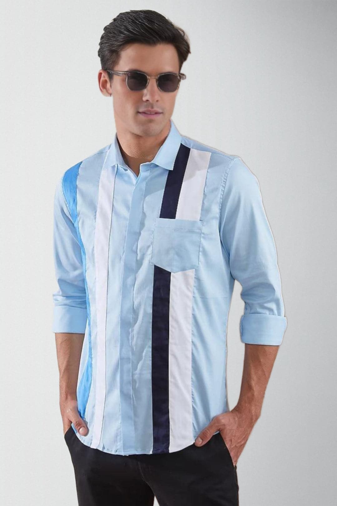 Colourblocked Spread Collar Cotton Casual Shirt