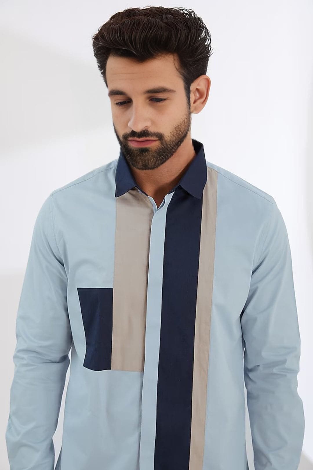 Colourblocked Spread Collar Cotton Casual Shirt