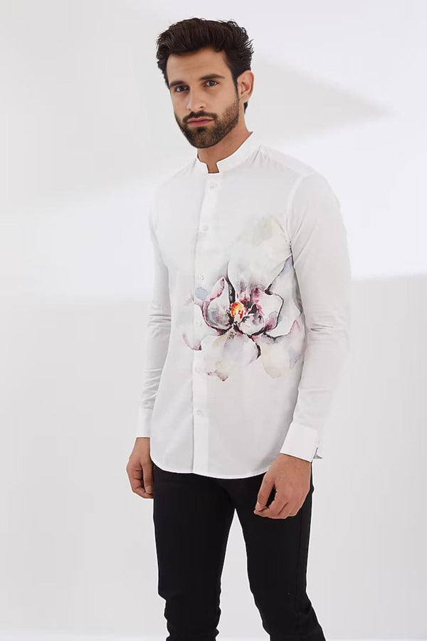 Printed Mandarin Collar Cotton Casual Shirt